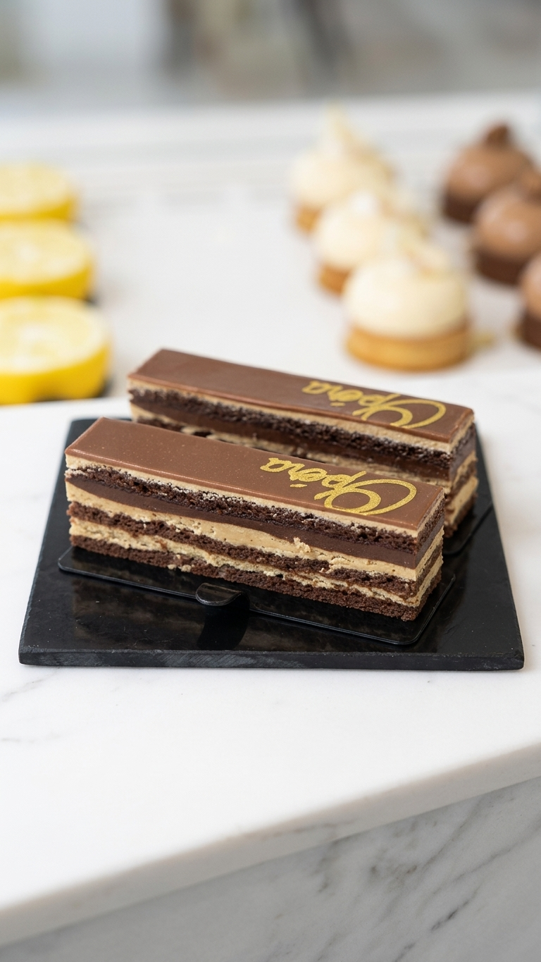 Gâteau rectangulaire au chocolat et au café "Opéra"